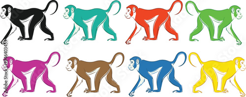 Stylized vector illustration of monkeys in walking poses, rendered in vibrant solid colors with white facial details, symbolizing wildlife, diversity, and creative design themes