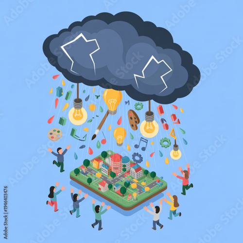 Storm of ideas raining on isometric city with people