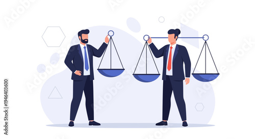 Businessmen balancing scales, concept of justice, fairness, and legal decisions