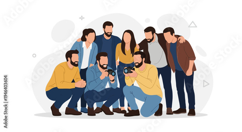 Diverse group of friends posing for a photo, some holding cameras, celebrating togetherness