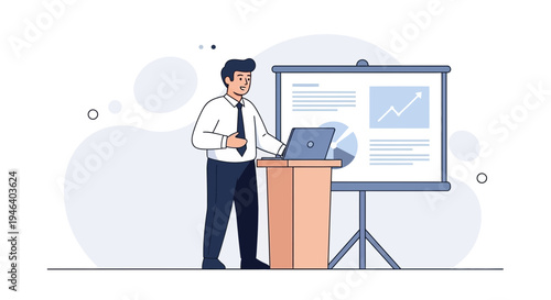 Businessman presenting a financial report with charts on a whiteboard and laptop