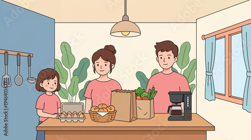 Family Unpacking Groceries in a Bright Kitchen