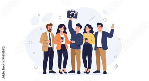 Diverse group of friends taking a selfie with a camera, celebrating togetherness