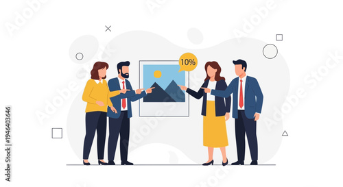 Business meeting discussing artwork and 10% discount offer