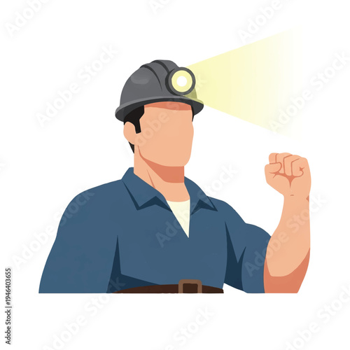 Man wearing mining helmet raising fist.