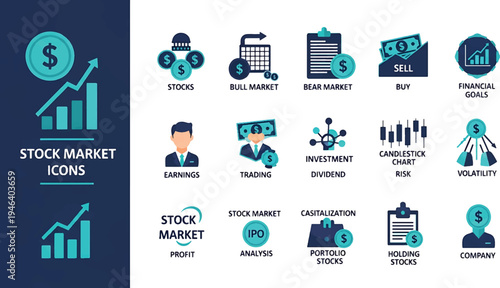 Stock market icon set. Containing stocks, stock exchange, financial goal, shares, investment, bull market, bear market and investment icons.Vector illustration. Editable stroke