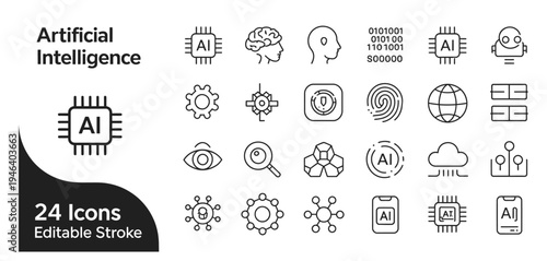 Set of 24 Artificial Intelligence Line Icons Vector with Editable Stroke for AI, Machine Learning, Technology, and Data Science Concepts
