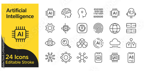Set of 24 Artificial Intelligence (AI) Technology Line Icons Vector with Editable Stroke for Machine Learning and Digital Innovation