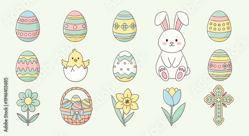 Adorable collection of cute pastel colored easter icons including eggs bunny chick flowers and religious cross symbols