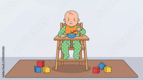 Baby Eating in High Chair Surrounded by Blocks