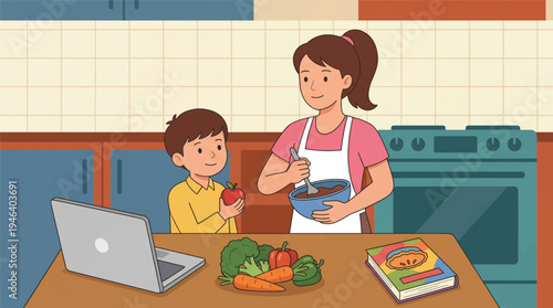 Mother and Son Cook Together Using Online Recipe