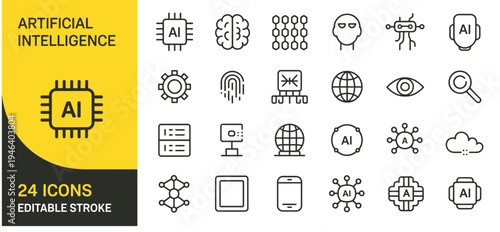 Set of 24 Artificial Intelligence (AI) Technology Vector Icons with Editable Stroke, featuring Brain, Chip, Robot, and Data Concepts for Modern Digital Design