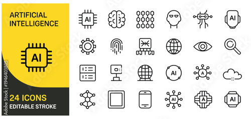 Set of 24 Artificial Intelligence AI Technology Vector Icons with Editable Stroke for Machine Learning, Data, and Digital Innovation