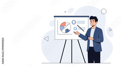 Man presenting a pie chart on a whiteboard during a business meeting
