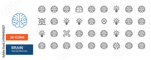 Set of 36 Brain Process Icons Vector Collection with Outline Style for Creative Thinking, Idea Generation, and Mental Activity Concepts