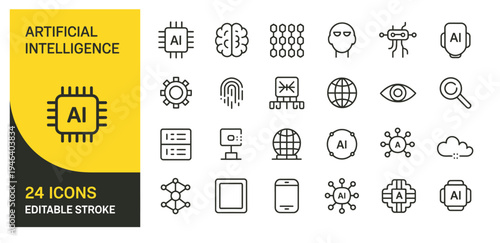 Set of 24 Artificial Intelligence (AI) vector line icons with editable stroke, featuring brain, chip, network, and data concepts for technology and business designs