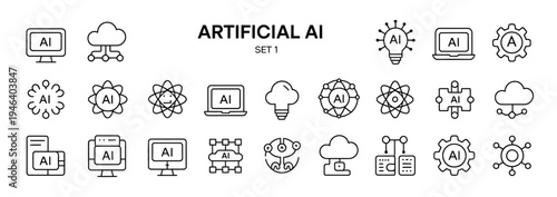 Set of 24 Artificial Intelligence (AI) line icons vector, featuring concepts like cloud computing, machine learning, data processing, and neural networks for technology and business applications.