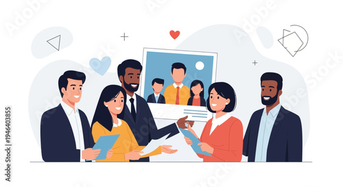 Diverse business team collaborating and sharing ideas, with a photo collage.