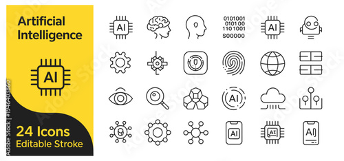 Set of 24 Artificial Intelligence (AI) and Machine Learning Outline Icons Vector, Editable Stroke for Technology, Data, and Digital Concepts