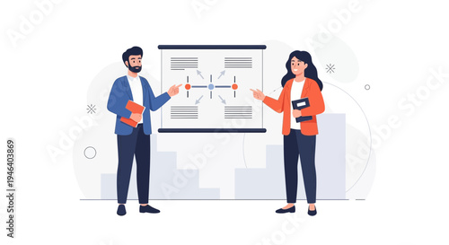 Business meeting presentation with diverse team discussing strategy on whiteboard