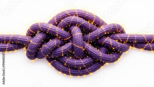 Digital rendering of a complex, interconnected knot made of purple rope with golden, glowing highlights