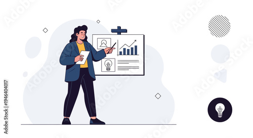 Businesswoman presenting a graph and ideas on a whiteboard, modern illustration style