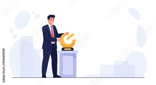 Businessman proudly presenting a golden trophy on a pedestal, business success concept