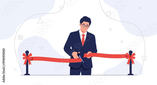 Businessman cutting red ribbon at grand opening ceremony, symbolizing new beginnings