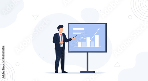 Businessman presenting financial growth chart on a screen, business presentation concept