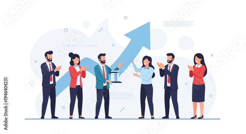 Business team applauding success, man holding award, upward arrow graphic