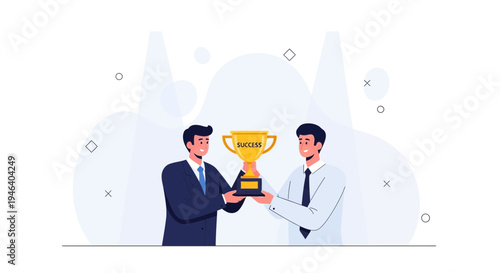 Businessmen celebrating success with a trophy, teamwork and achievement concept