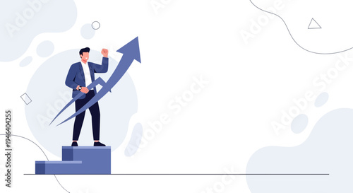 Businessman standing on steps, raising fist with upward arrow symbolizing success and growth