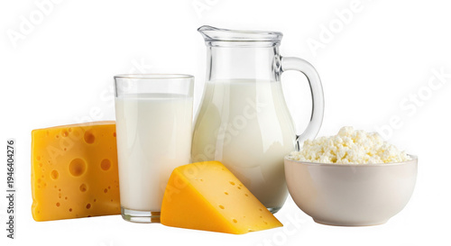 Fresh dairy products including milk, butter, cheese, and yogurt on table isolated on transparent background