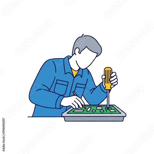 Man working with electronic circuit board.