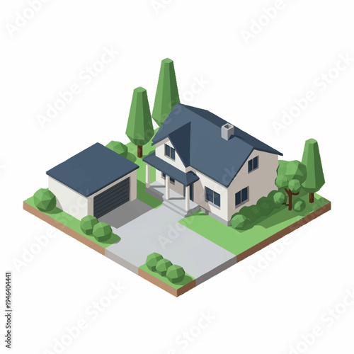 Isometric illustration of a house with garage and trees.