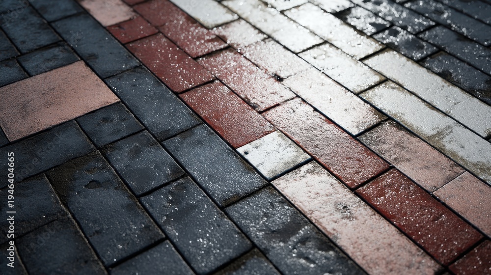 Fototapeta premium Wet pavement with colorful bricks in urban setting reflecting natural light and creating a distinctive texture and pattern