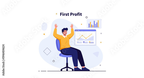 Man celebrating first profit with charts and graphs on screen, business success concept