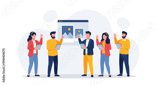 Team presenting project on digital screen with laptops, flat design illustration