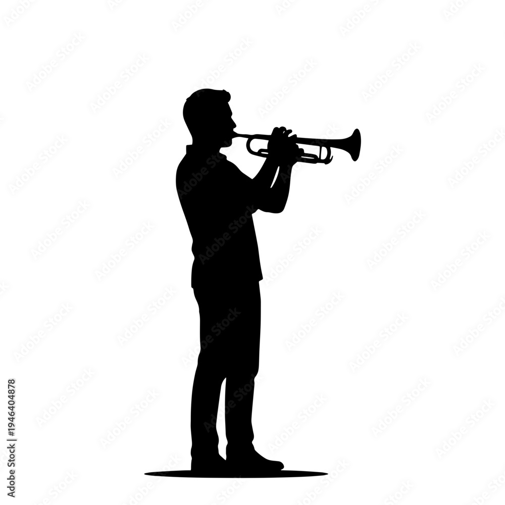 Fototapeta premium A professional vector silhouette of a male musician playing the trumpet. Perfect for jazz posters, music festival designs, and band performance graphics.
