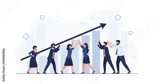 Teamwork pushing growth arrow up, business success, collaboration, financial chart background
