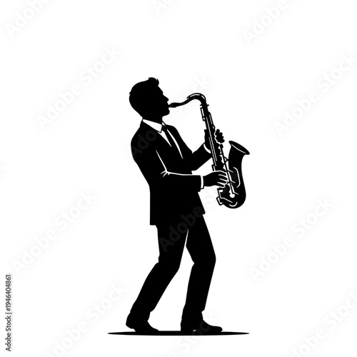 A high-contrast vector silhouette of a male jazz musician wearing a formal suit while playing the saxophone, isolated on a white background.