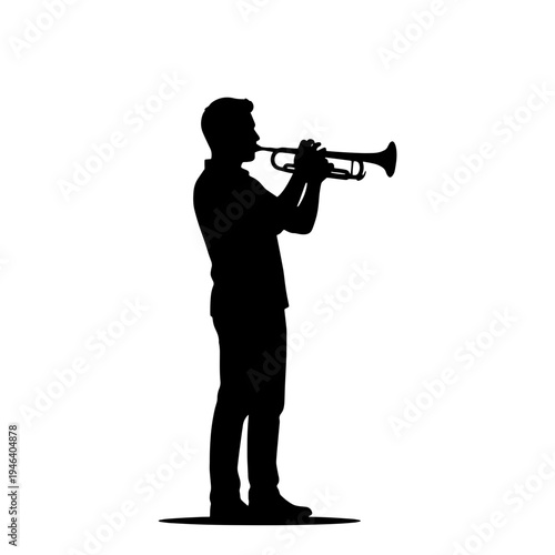 A professional vector silhouette of a male musician playing the trumpet. Perfect for jazz posters, music festival designs, and band performance graphics.