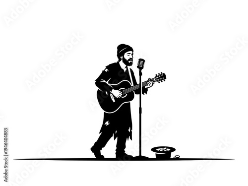 A high-contrast black and white vector of a bearded male busker singing into a microphone and playing guitar on the street with a tip hat.