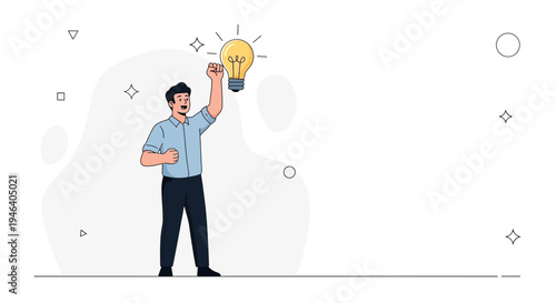 Man holding a bright idea lightbulb, innovation concept, business success, creativity