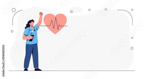Nurse Raising Fist with Heart and ECG Line, Healthcare Hero Concept