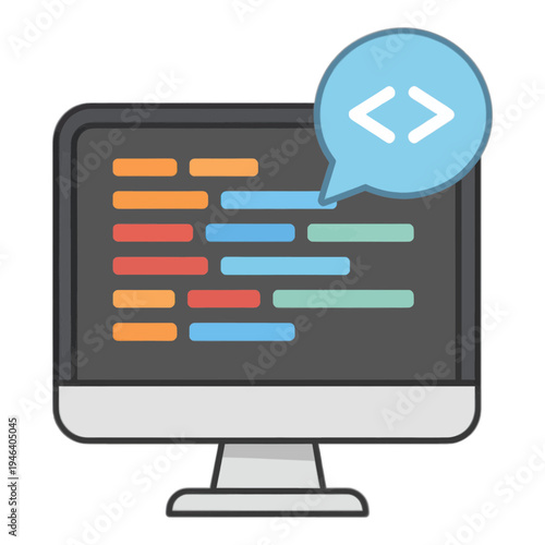 Computer Monitor With Code Speech Bubble Vector Icon