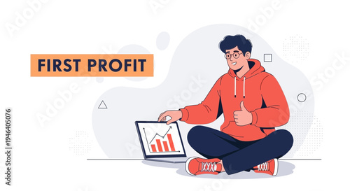 Man celebrating first profit with laptop showing growing graph, thumbs up