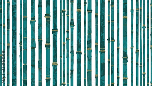 Illustration of a vertical pattern of teal and gold bamboo stalks on a white background