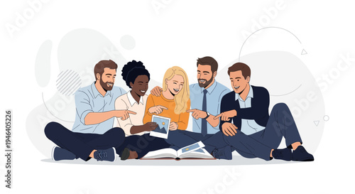 Diverse friends sharing photos and memories from a book, sitting on the floor