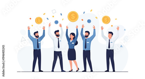 Successful Business Team Celebrating Financial Success with Falling Gold Coins and Confetti